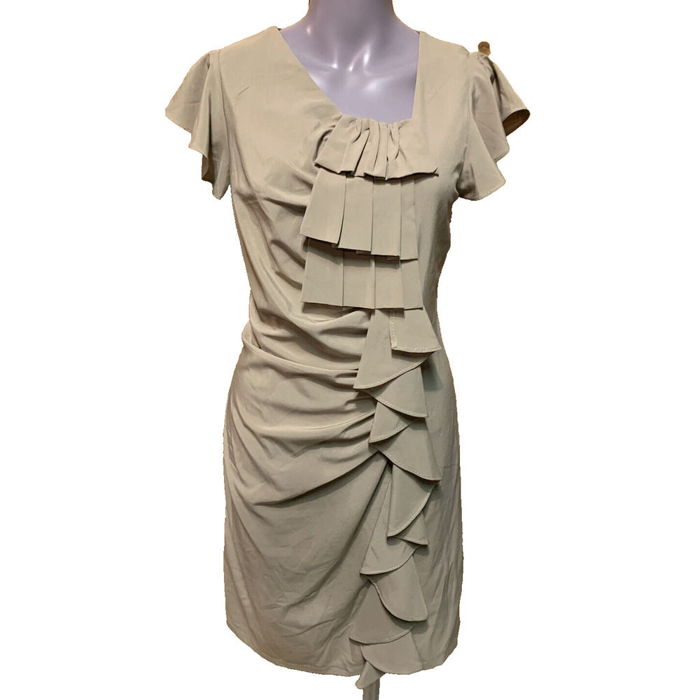 ICU Minimalist Silky Dress Size Medium Ruffles Flutter Sleeves Office Slimming